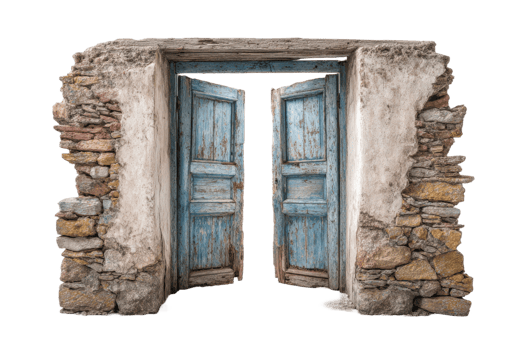 Open weathered blue doors in stone wall create rustic entrance architecture and design element for backgrounds png