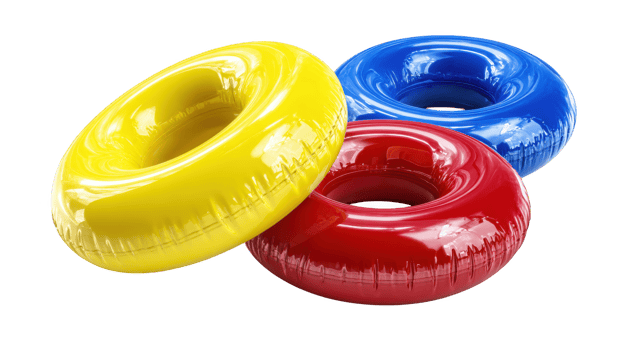 Colorful inflatable rings in yellow red and blue for summer fun and pool activities are shown png