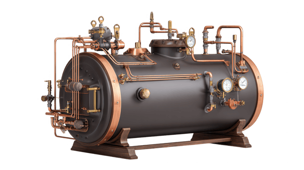Detailed industrial boiler with copper pipes and gauges for steam generation and pressure control system png