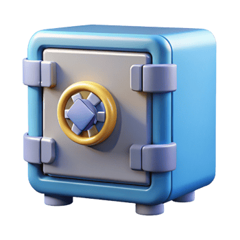 Cartoonish blue safe with a gold and silver dial on a transparent background png