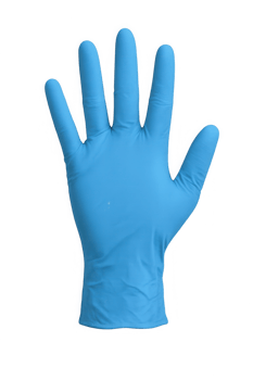 Bright blue disposable glove open hand ready for work protection and safety png
