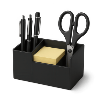 Professional desk organizer with pens, scissors, and sticky notes for efficient workspace setup png