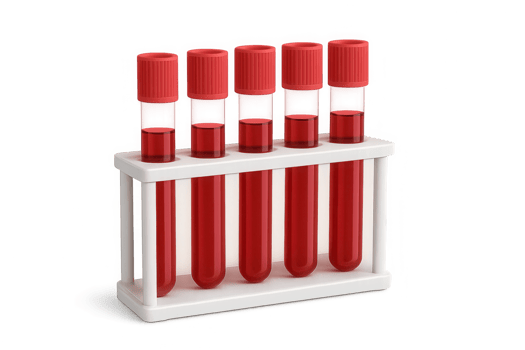 Five medical test tubes filled with red liquid on a white rack, ready for analysis. png