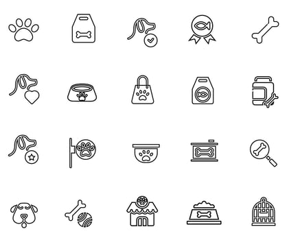 Animals and Pet Care, Icon Set. Various Pets and Items for Their Care. Pet Care and Veterinary. Dog, Cat, Rabbit, Parrot, Fish, Food, Water, Collar, Toy, Bath, Training, etc. Line with editable stroke vector