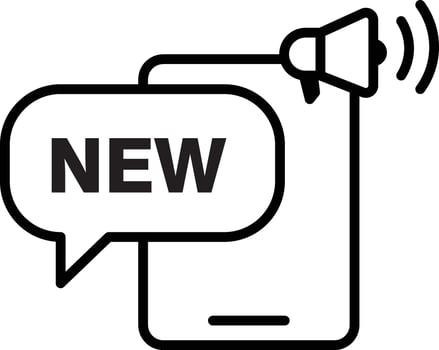 New product announcement icon smartphone outline speech bubble with new text megaphone symbol digital marketing modern communication black and white illustration vector