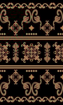 Rich ornamental border design with layered damask and scroll patterns in soft gold on black. Great for garment trims, scarf borders, regal packaging, luxury pattern, fashion textile, baroque elegance vector