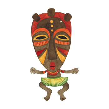 Dancing african aborigine with long arms in a straw skirt and a colorful mask. Watercolor illustration hand drawn, cartoon. Drawing for poster, stickers, print. Africa, mask, funny, character png