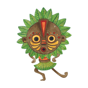 Dancing african aborigine in brown round mask with green leaves frame. Watercolor illustration, hand drawn, cartoon. Drawing for poster, stickers, print. Africa, mask, funny, character png