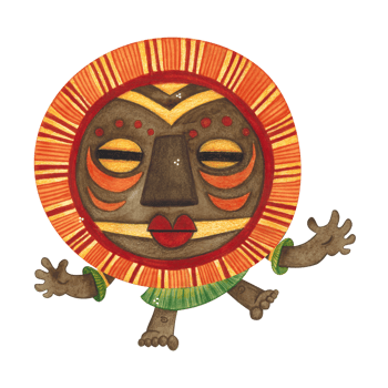 Dancing african aborigine in a brown round mask with orange fringe with his arms outstretched. Watercolor illustration, hand drawn, cartoon. Drawing for poster, stickers, print. Africa, mask, funny png