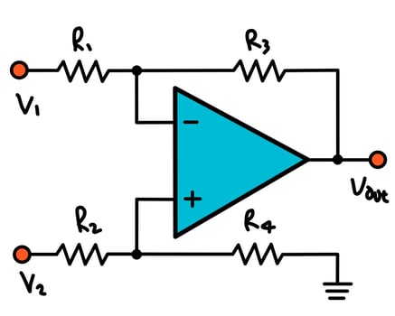 Op-Amp Differential Amplifier Circuit with Resistors, Detailed Diagram vector