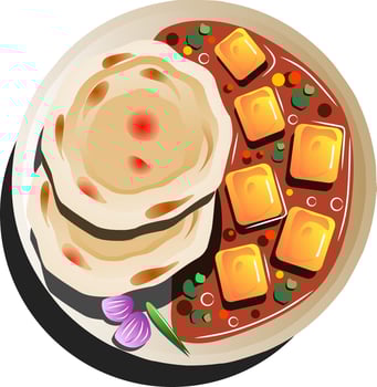 Paneer curry and roti on a plate vector