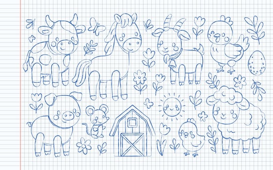 Farm animal doodles in sketch cartoon style with cow pig horse and chicken. Goat lamb and mouse play near the barn with grass and flower accents. Sunny and child-friendly notebook art vector