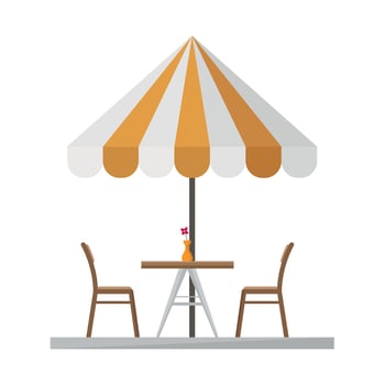 Terrace with umbrella, table, chairs and vase with flowers. Place for eating and relaxing. vector
