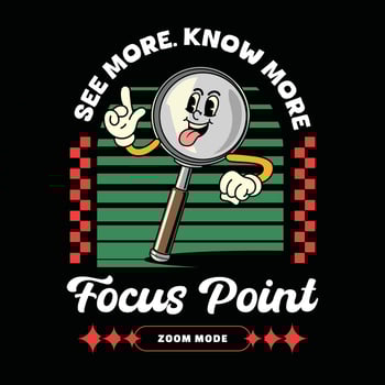 A cartoon character holding a magnifying glass and saying see more know more focus point vector