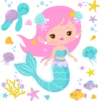 Beautiful mermaid and sea animals. Pretty mermaid swim with the fish, jellyfish and sea turtles underwater. vector