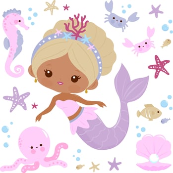 Cute mermaid, sea animals and fish under the sea. Pretty dark skin mermaid swim with the octopus, horse fish, crabs, jellyfish and fish underwater. vector