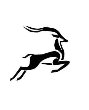 Stylized black silhouette of a leaping antelope with elegant curved horns, capturing grace, speed, and wilderness ideal for logos, decals, or tattoos. vector