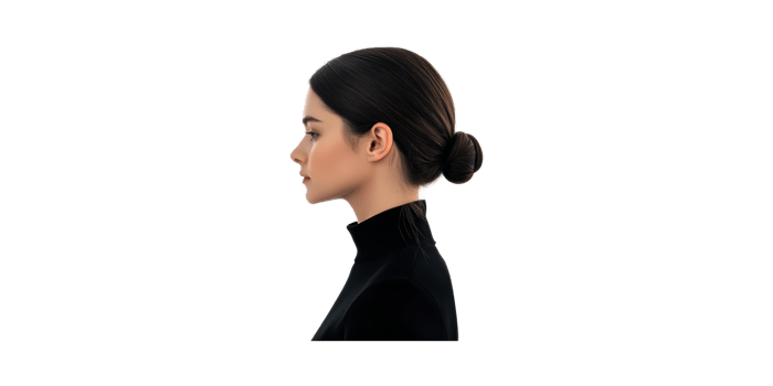 Profile Of Woman With Bun Hairstyle In Black Turtleneck. Elegance And Minimalist Fashion Isolated On Transparent Background png