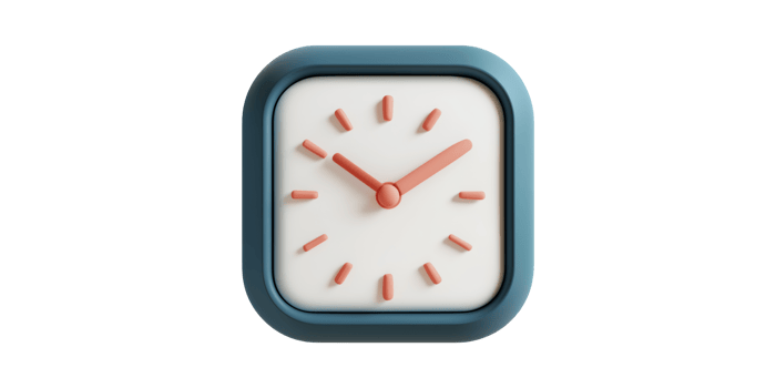 Square Minimalist Clock Design With Blue Frame And Coral Hands. Modern Timepiece For Home Decor Isolated On Transparent Background png