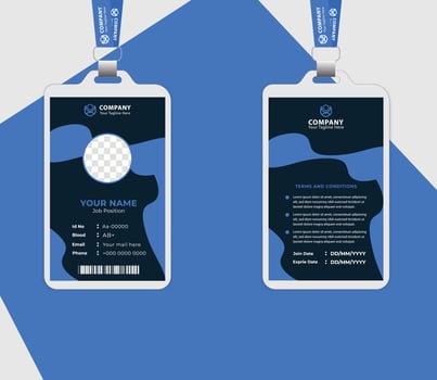unique office staff id card with logo, name, position, and emergency contact. vector