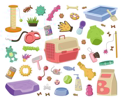 assorted pet supplies and toys vector