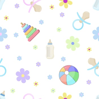 On a white background, there is a pattern consisting of children's objects bottles, nipples, toys and a colorful ball decorated with flowers. It is ideal for decorating children's rooms. vector