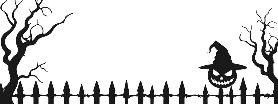 Halloween banner with Scary pumpkin head in hat, put on old cemetery fence, gnarled scary trees. Holiday template. vector