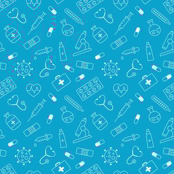 Seamless medical pattern with healthcare icons on blue background. Recolorable endless pattern with white line icons vector