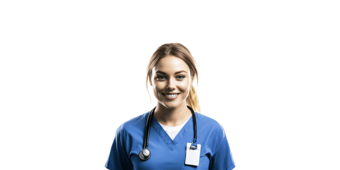 Smiling Female Nurse In Blue Scrubs With Stethoscope. Healthcare Professional Portrait Isolated On Transparent Background png