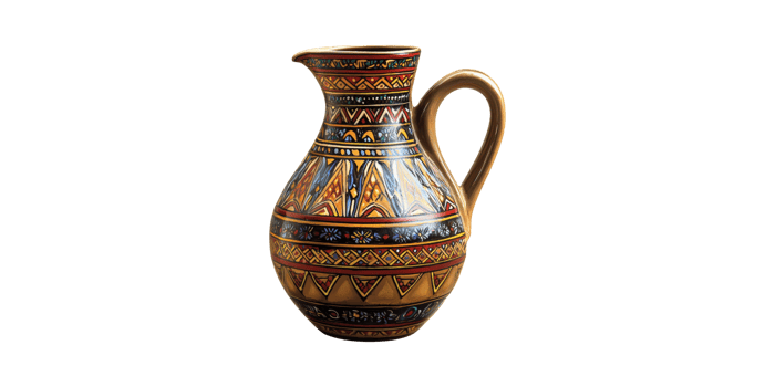 Ornate Ceramic Pitcher With Colorful Geometric Patterns. Traditional Craftsmanship And Cultural Artistry Isolated On Transparent Background png