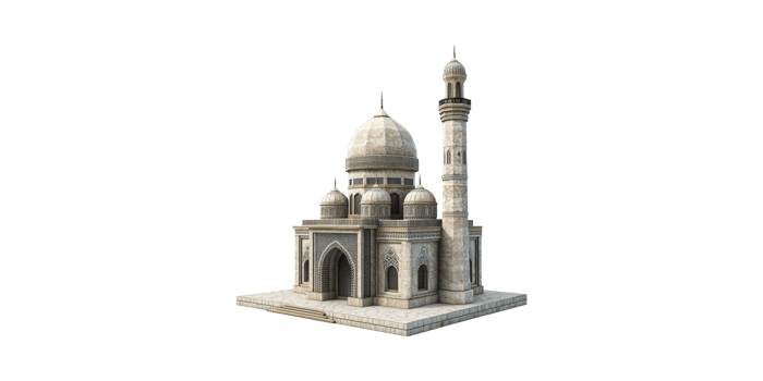 3D Model Of Traditional Mosque Architecture. Islamic Cultural Heritage And Religious Symbolism Isolated On Transparent Background png