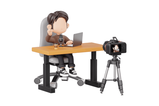 Character at desk with camera and laptop png
