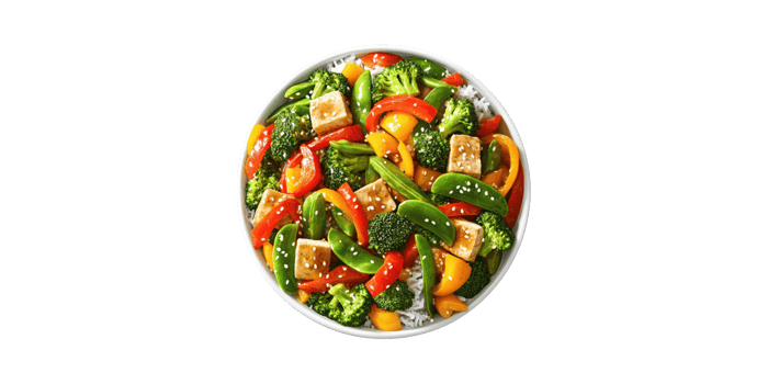 Colorful Vegetable Stir-Fry With Tofu And Rice. Healthy Vegan Meal Isolated On Transparent Background png