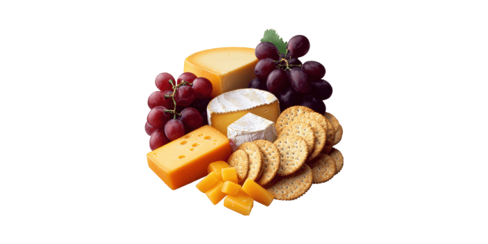 Assorted Cheese Platter With Grapes And Crackers. Gourmet Snack Selection For Entertaining Isolated On Transparent Background png