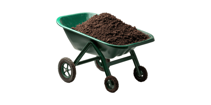 Green Wheelbarrow Filled With Soil. Gardening And Landscaping Equipment Isolated On Transparent Background png