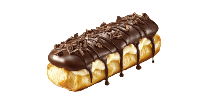 Chocolate Eclair With Cream Filling And Chocolate Shavings. Gourmet Dessert Indulgence Isolated On Transparent Background png