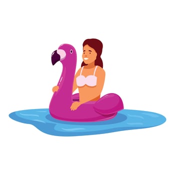 Woman relaxing on inflatable flamingo in swimming pool vector
