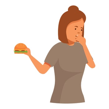 Woman feeling nauseous while holding burger, dieting and nausea concept vector
