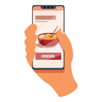 Customer ordering ramen using food delivery app on smartphone vector