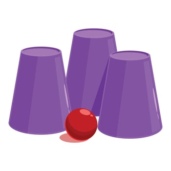 Magician hiding red ball under purple cups shell game vector