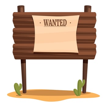 Wild west wanted poster hanging on wooden signpost in desert landscape vector
