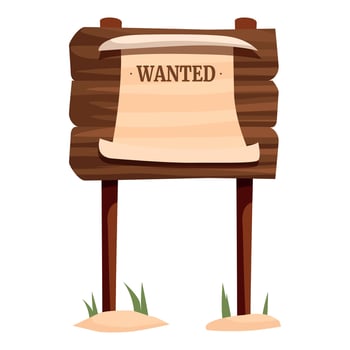 Wanted poster hanging on wooden signpost in wild west style vector