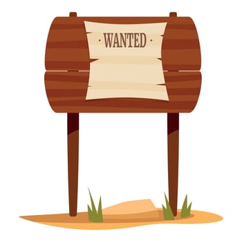 Wooden wanted sign standing in desert sand vector