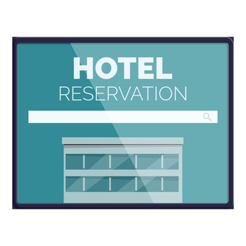 Hotel reservation online booking website interface showing building and search bar vector