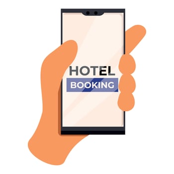 Hand holding smartphone with hotel booking app on screen vector