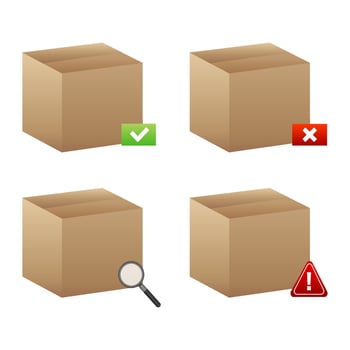 Cardboard box icon set approved, rejected, checked and warning package symbols. illustration vector
