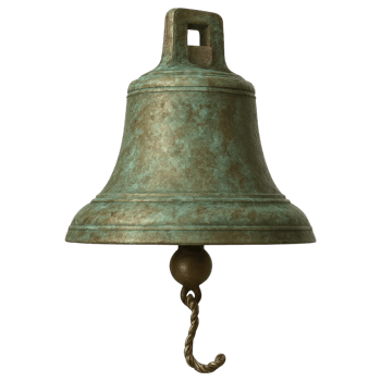 Detailed Close-Up of an Antique Bell with a Patina Finish and Decorative Rope Pulling Mechanism png