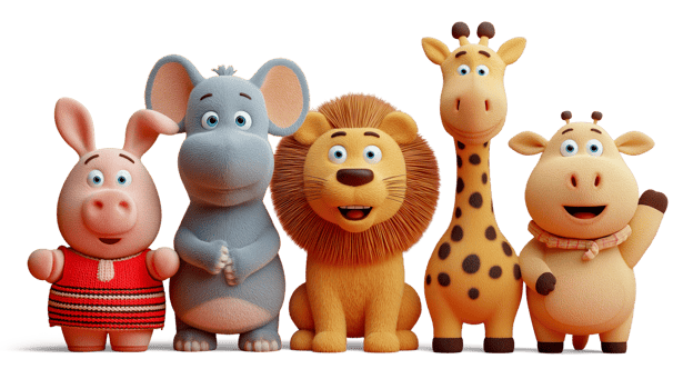 Adorable Cartoon Animals Pig, Elephant, Lion, Giraffe, and Cow Standing in a Row 3d Transparent png