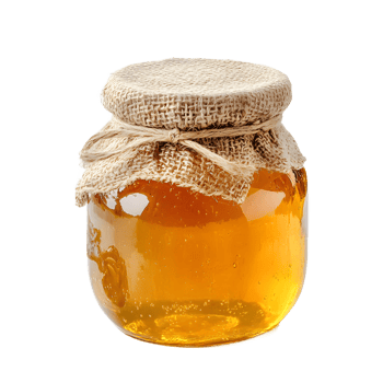 Glass jar filled with golden honey sealed with burlap and twine isolated on transparent background png