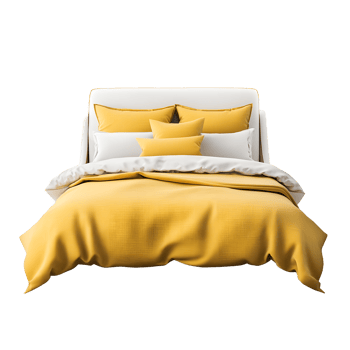 Cozy yellow bed with pillows and blanket isolated on transparent background png